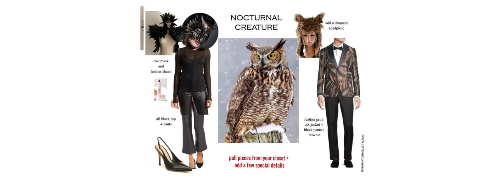 A collage of clothing items and accessories to resemble a Great Horned Owl.
