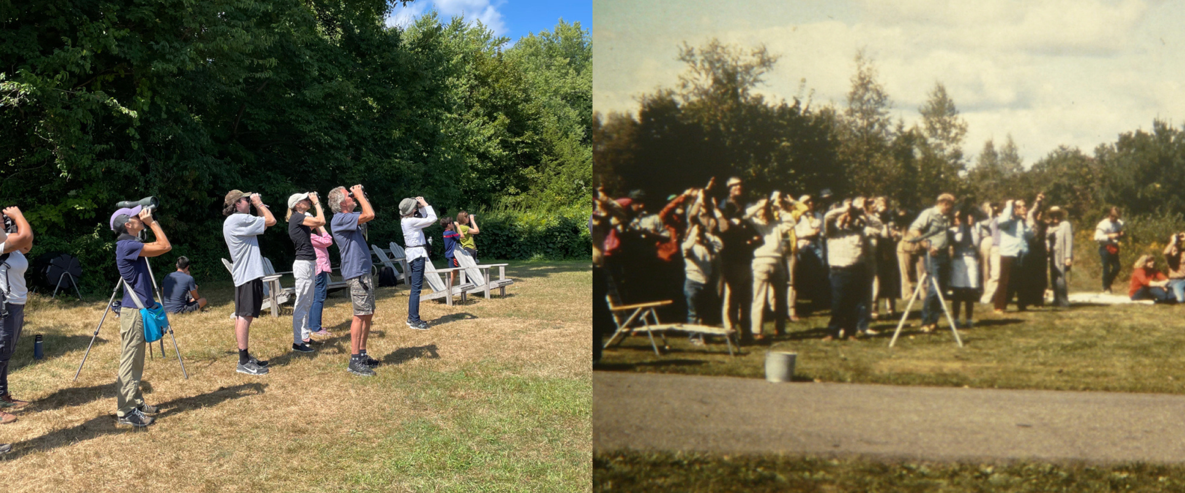 A collage of two photos, side by side, of people on a hill using binoculars to look into the sky. The right photo is recent, and the left photo is sepia-tinged and older.